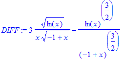 DIFF := 3*ln(x)^(1/2)/x/(-1+x)^(1/2)-ln(x)^(3/2)/(-...