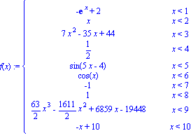 f(x) := PIECEWISE([-exp(x)+2, x < 1], [x, x < 2], [7*x^2-35*x+44, x < 3], [1/2, x < 4], [sin(5*x-4), x < 5], [cos(x), x < 6], [-1, x < 7], [1, x < 8], [63/2*x^3-1611/2*x^2+6859*x-19448, x < 9], [-x+10...